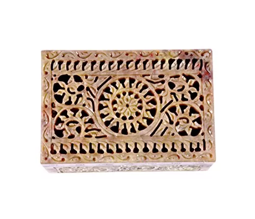 Soap Stone Carved Rectangle Jewellery Box (15cm x10cm x7.5cm)
