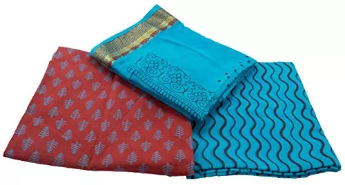 Women's Block Print Simple - 60x60 Cotton Traditional Kutch Handicrafts 3 Piece Salwar Suit Dress Material (Pink Blue)