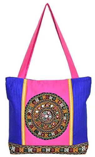 Raw Silk Shopping Bag with Kutchi Patchwork and Border TOTE BAG EK-TOT-0001 Magenta - Pink
