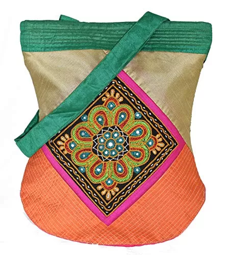 Raw Silk Rangoli - Mirror Work Embroidery Large Patch TOTE BAG EK-TOT-0006 (Orange)