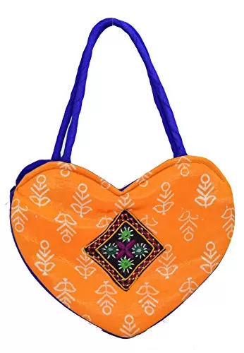 HEART Handle Purse - Mushru Silk Block Print with Kutchhi Hand Embroidery Work Fusion Handicraft
