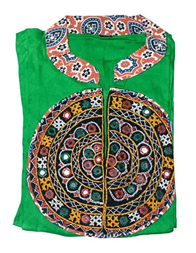 Women's Cotton Kutchhi Patchwork Flower Self Print Kurti (Green)