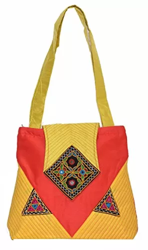 Raw Silk Big Flapper Bag with Kutchhi Patch work front face TOTE BAG EK-TOT-0004 Yellow-Red