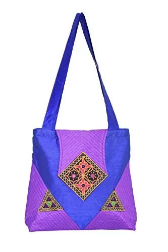 Raw Silk Big Flapper Bag with Kutchhi Patch work front face TOTE BAG EK-TOT-0004 (Purple)