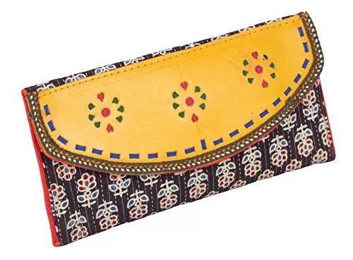 Cotton Block Print Cotton with Leather Craft Punch Work Flap CLUTCH EK-CLU-0013 Yellow (12 23 1)