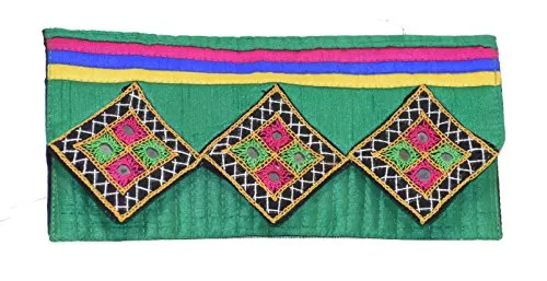 TRADITIONAL CLUTCH - Women's Raw Silk Ethnic Kutch Handicrafts Hand Embroidery Mirror Work Patches - 23 CM x 11 CM x 1 CM