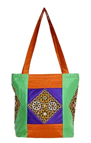 Raw Silk Tri Patch Bag - Aahir Work Embroidery Work TOTE BAG EK-TOT-0002 Green - Red