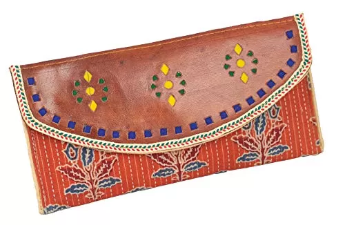 Cotton Block Print Cotton with Leather Craft Punch Work Flap CLUTCH EK-CLU-0013 Brown (12 23 1)