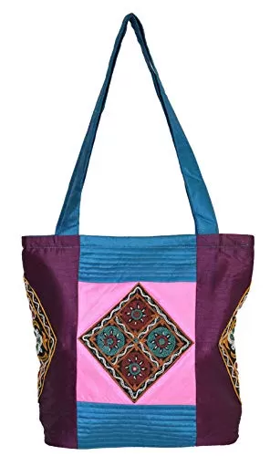 Raw Silk Tri Patch Bag - Aahir Work Embroidery Work TOTE BAG EK-TOT-0002 Purple - Blue