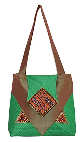 Raw Silk Big Flapper Bag with Kutchhi Patch work front face TOTE BAG EK-TOT-0004 Green - Brown