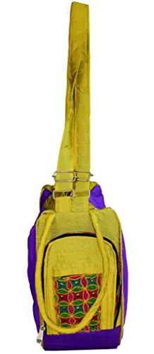 Raw Silk Aahir Work Raw Silk Multi Purpose Adjustable Belt Shoulder Bag HOBO BAG EK-HOB-0004 Violet - Yellow
