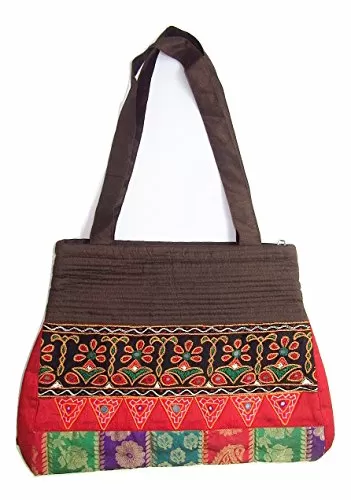 Raw Silk Fort Bag - Mirorwork Embroidery Panel TOTE BAG EK-TOT-0005 (Brown)