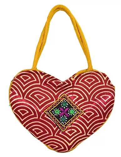 HEART Handle Purse - Mushru Silk Block Print Hand Embroidery Fusion Handicraft (Maroon)