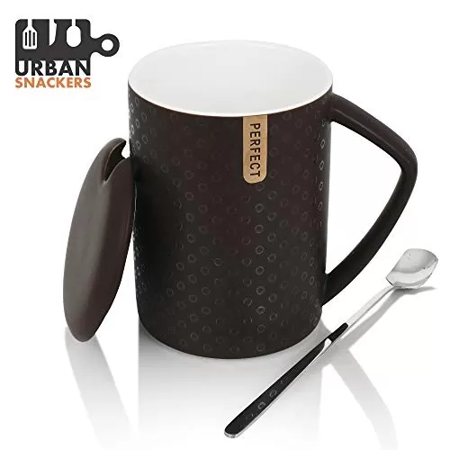 Premium Quality Porcelain Mug with Lid & Spoon for Coffee , Tea , Milk , Beverages 500 ML - Brown Color - Pack of 1