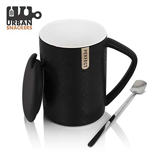 Premium Quality Porcelain Mug with Lid & Spoon for Coffee , Tea , Milk , Beverages 500 ML - Black Color - Pack of 1