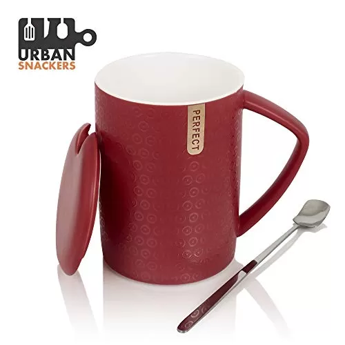 Premium Quality Porcelain Mug with Lid & Spoon for Coffee , Tea , Milk , Beverages 500 ML - Red Color - Pack of 1