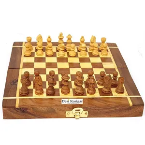 Folding Wooden Chess Board Set Game Handmade Small Chess Pieces 8 Inches (Non - Magnetic)