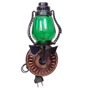Wooden & Iron Fancy Wall Hanging Electric Chimney Lamp Sise(LxBxH-6x5x11) Inch Color Green