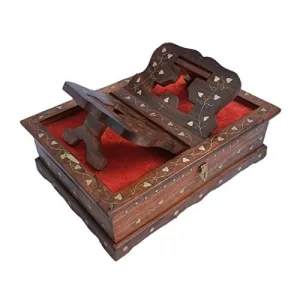 Wooden Hand Carved HOLY Book Stand and Box with Brass Work for QuranBibleGITAVEDGURU Granth Sahib