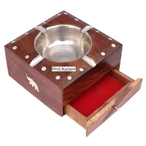 Wooden Brass Inlay Ashtray + Cig.Case (Brown 4.5 x 4.5 x 2.2 inch)