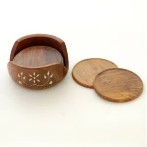 Wooden Carved Tea Coaster Set of 6 Plate with Stand Dining Table Serving Office
