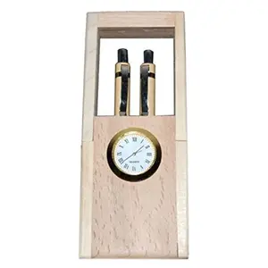 Brown Wooden Handicrafts Showpiece Pen Stand with Clock