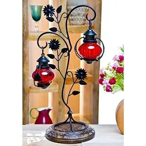 Attractive Glass with Metal Red Colored Leaf Design Candle Stand (11"x8"x22")