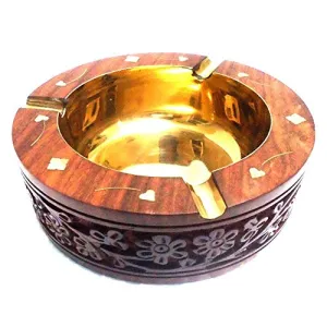 Sheesham Wood and Brass Round Carved Ash Tray