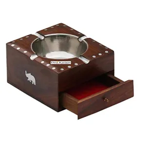 Wooden Antique Ashtray with Brass Elephent Design``