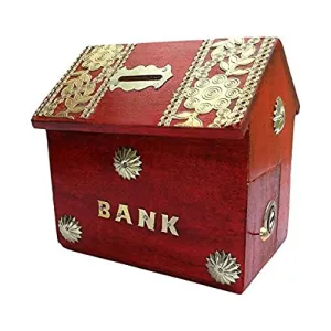 Wooden Hut Shape Piggy Bank - Brown