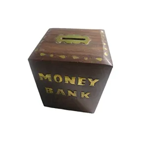 Handicrafts Brown Wooden Money Bank for Kids