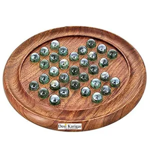 Solitaire Board Puzzle Games in Sheesham Wood with Glass Marbles