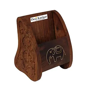 Wooden Hand Carved Mobile Phone Holder With Elephant Engraving