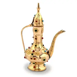 Little India Antique Gemstone Brass Kettle Antique Handicraft Surahi Jug (Multi HCF101)