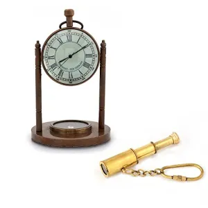 Little India Brass Clock Compass and Brass Telescope Key Chain (DL3COMB115)