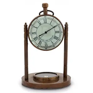 Little India Antique Clock and Compass Pure Brass Handicraft (105 Brown)