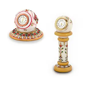 Little India Combo of Gold Paint Marble Clock and Round Clock (White)