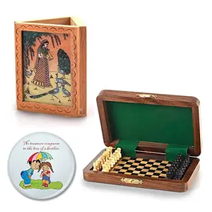 Wooden Travellers Mini Chess and Wooden Cute Pen Stand (DL3COMB118)