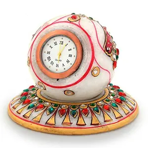 Little India Gold Painted Handmade Round Marble Table Clock (177 White)