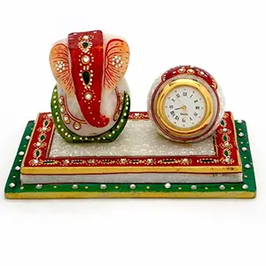 Little India Meenakari Ganesh Marble Chowki and Table Watch Set (376 White)