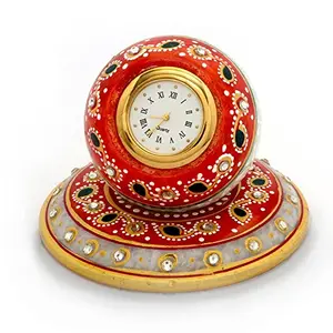 Little India Beautiful Golden Meenakari Work Marble Table Clock (White)