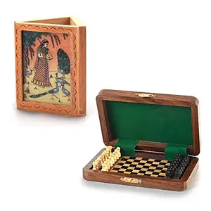 Wood Combo of Travellers Mini Chess and Cute Pen Stand (Brown)