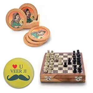 Real Marble Chess Board and Wooden Tea Coaster Set (DL3COMB116)