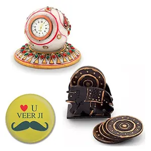Little India Marble Table Clock and Wooden Tea Coaster Set (DL3COMB132)