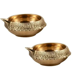 Atulya Arts Offering Handmade Indian Puja Brass Diya Lamp Engraved Design Kuber Diya - 2.5 inch