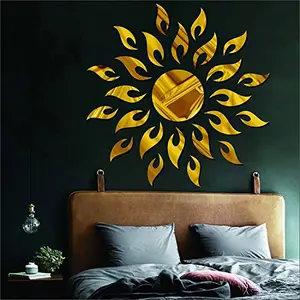 3D Acrylic Sun Flame Mirror Decorative Wall Stickers with Extra 10 Butterfly Sticker(45cm X 45cm)(Gold) - Pack of 25