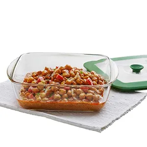 Borosil Glass Square Dish with Green Lid Oven and Microwave Safe 2.2L