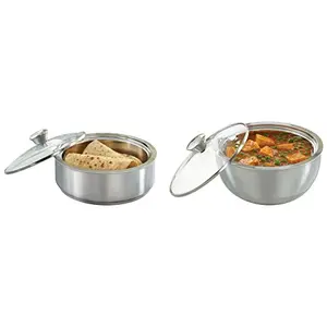 Borosil Stainless Steel Insulated Roti Server 1.1 litres Silver & Stainless Steel Insulated Curry Server 900ml Silver Combo