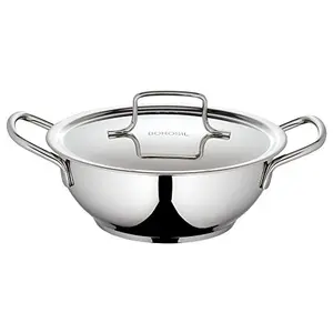 Stainless Steel Deep Kadhai with Lid Impact Bonded Tri-Ply Bottom 2.8 L Silver