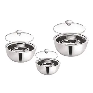 Borosil Stainless Steel Insulated Curry Server Set of 3 (500ml + 900ml + 1.5L) Silver